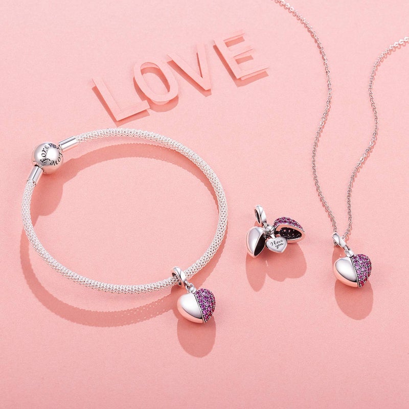 NINGAN â€œI Love Youâ€ Purple Love Heart Dange Charm 925 Sterling Silver Pendant Beads fit Bracelets & Necklaces, Birthday Gift for Women - Image 1